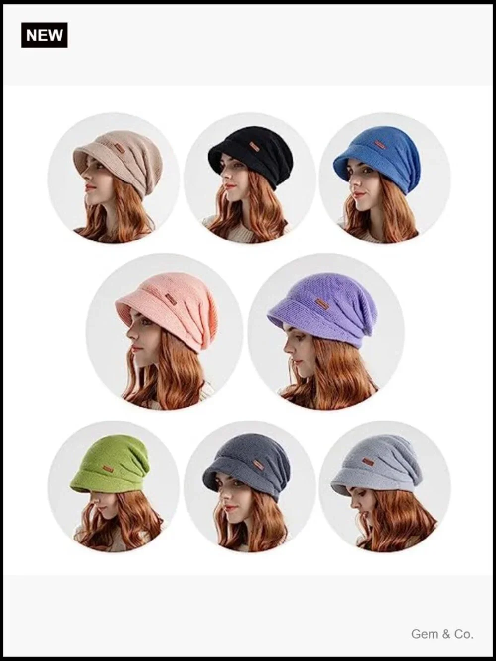 Fleece Lined Knitted Hat with Visor Brim, Slouchy Cable Knit Beanie Winter Hat